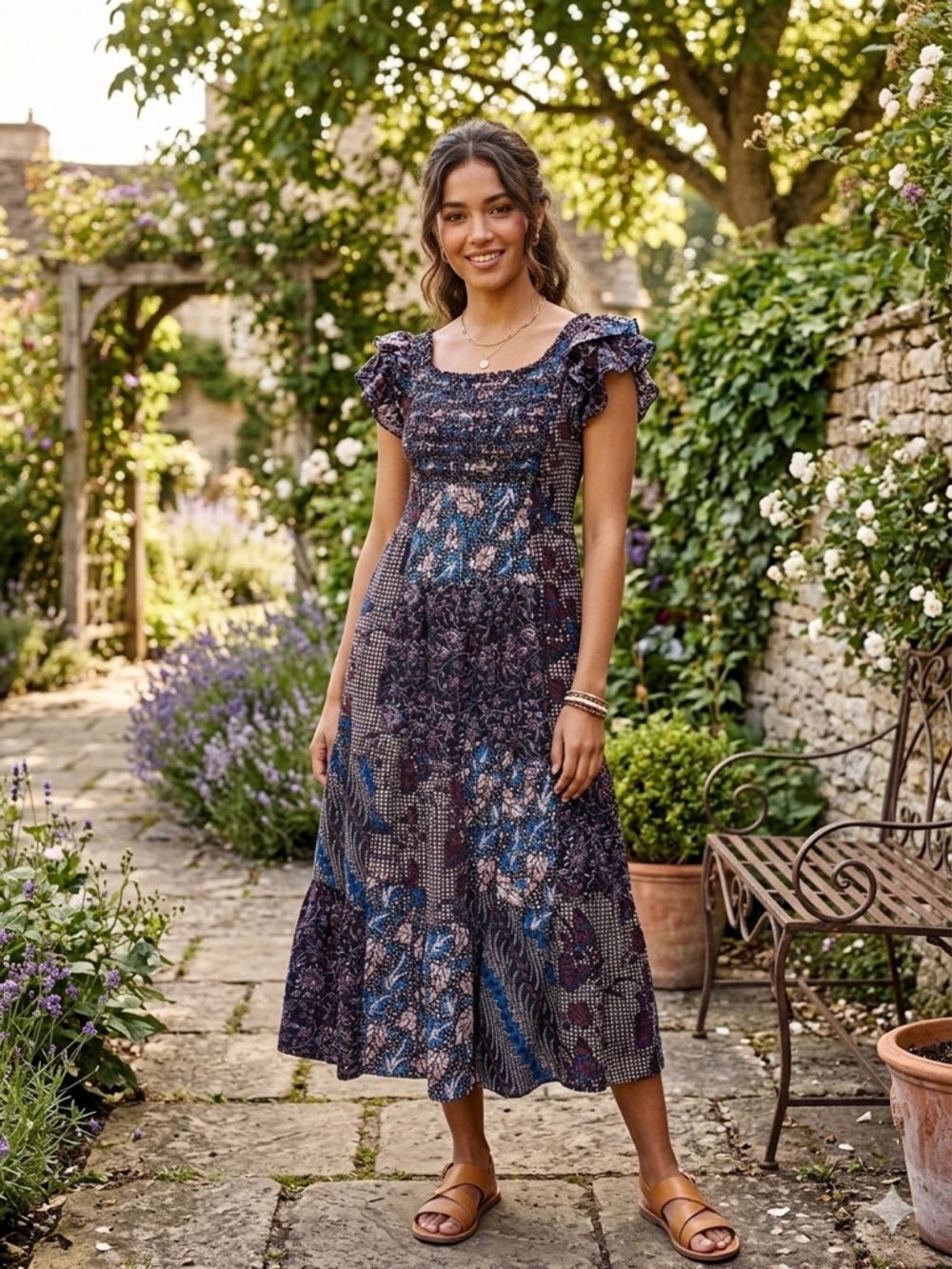 Ulla Johnson Navy Mixed Floral Smocked Midi Dress